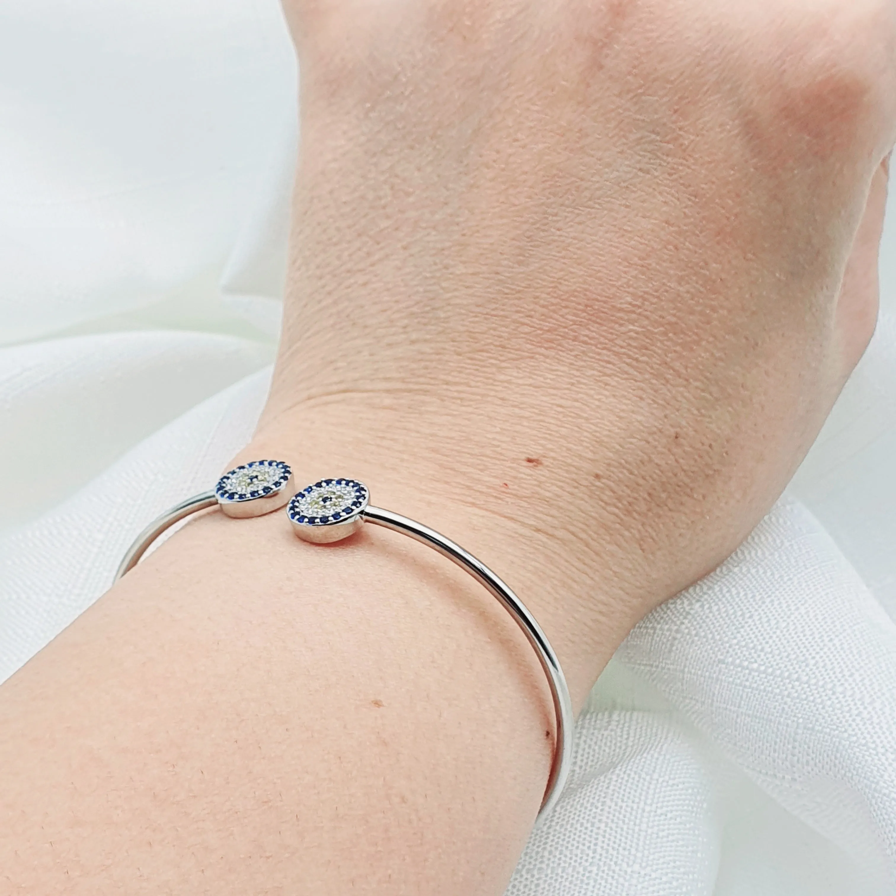 Evil Eye Bangle Cuff Bracelet, Sterling Silver
